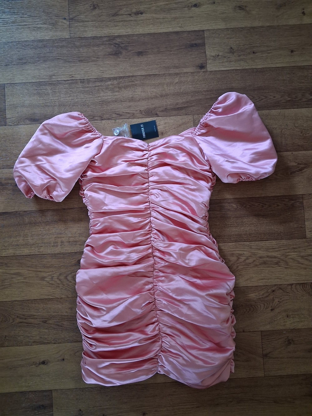 Satin Pink Ruched Puff Sleeve Mini Dress - Picture 3 of 5